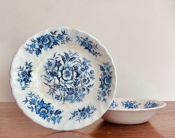 Vintage Ironstone 5.25” Berry Bowls, Set of 2 Blue and White Floral Bowls, Beacon Hill Pattern by British Anchor Staffordshire England