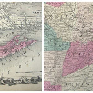 Antik karta över delstaten New York, 1863 Johnsons familjeatlas, äkta antik handkolorerad karta över New York, inte ett tryck bild 2