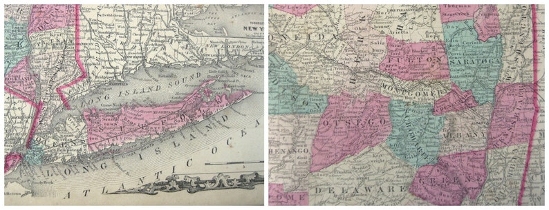Antik karta över delstaten New York, 1863 Johnsons familjeatlas, äkta antik handkolorerad karta över New York, inte ett tryck bild 2