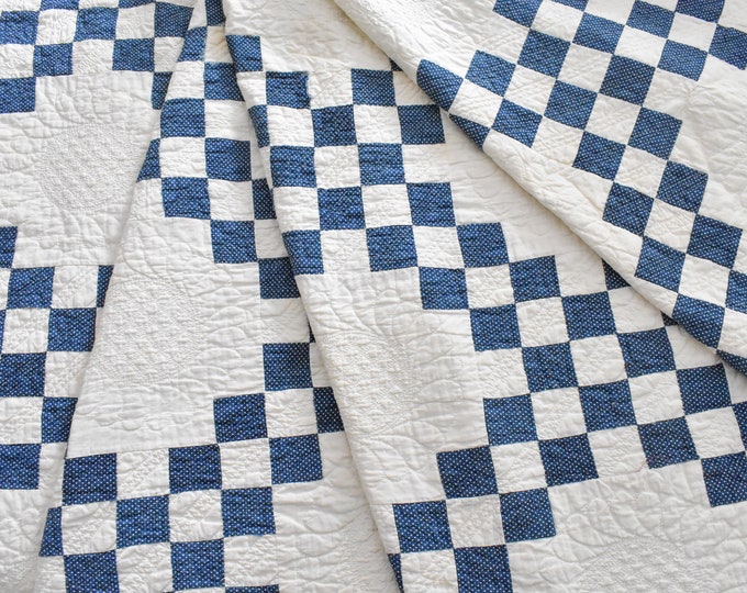 Antique Quilt, Blue and White Double Irish Chain Quilt, 77 X 64 Handstitched Quilt, Blue Quilt