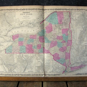 Carte antique de l’État de New York, Atlas de la famille Johnsons de 1863, véritable carte antique colorée à la main de New York, pas une impression