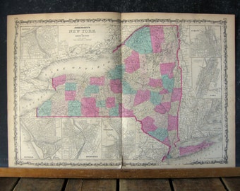 Mapa antiguo del estado de Nueva York, Atlas de la familia Johnsons de 1863, mapa antiguo genuino coloreado a mano de Nueva York, no una impresión