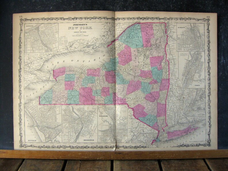 Antik karta över delstaten New York, 1863 Johnsons familjeatlas, äkta antik handkolorerad karta över New York, inte ett tryck bild 1