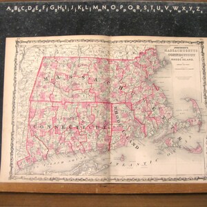 Carte ancienne du Massachusetts, du Connecticut et du Rhode Island, 1863 Atlas de la famille Johnson, véritable carte ancienne colorée à la main