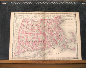 Antik karta över Massachusetts, Connecticut och Rhode Island, 1863 Johnsons familjeatlas, äkta antik handkolorerad karta