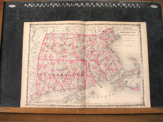 Antique Map of Massachusetts, Connecticut, and Rhode Island, 1863 Johnsons Family Atlas, Genuine Antique Hand-Colored Map