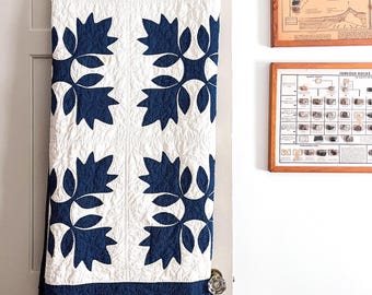 Antique Quilt, Indigo Blue and White Quilt in Oakleaf Reel Pattern, Applique Quilt, Handstitched Quilt, 82" x 74"