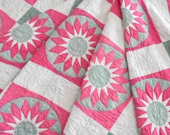 Antique Quilt, Pink and Green Quilt, Brave Sunflower Pattern Quilt, Early 1900s Stacker Quilt, Handmade Vintage Star Quilt, 74" x 74"