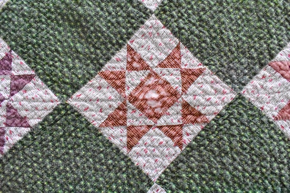 Antique Quilt, Green Calico Ohio Star Quilt, 1800s Shoofly