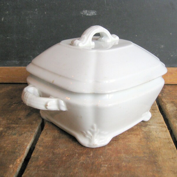 Antique Ironstone Tea Caddy, 1890s White Ironstone Small Tureen, J&G Meakin, Square Ironstone Sugar Bowl with Lid