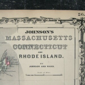 Puede incluir: Un mapa en blanco y negro de Massachusetts, Connecticut y Rhode Island. El mapa est&aacute; titulado "Johnson's Massachusetts, Connecticut, and Rhode Island." El mapa es del siglo XIX y muestra las fronteras de los estados, las principales ciudades y los r&iacute;os.