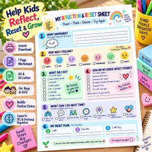 May include: A My Reflection & Reset Sheet worksheet featuring six numbered sections for emotional regulation. The colorful page includes prompts for identifying feelings, analyzing choices, and planning future actions with icons, checkboxes, and text.