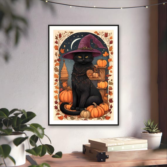 Black Cat Witch Folk Art Print — art print by WedgeAtelier