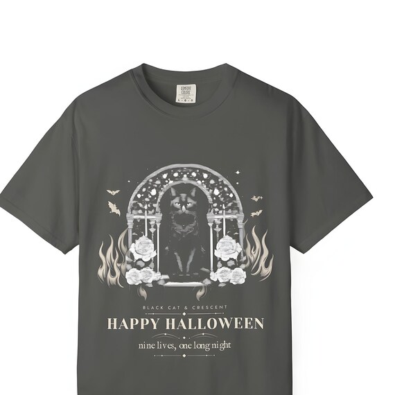 Gothic Black Cat Halloween T-Shirt — Comfort Colors tee by WedgeAtelier