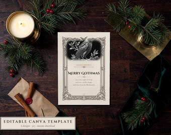 Gothic Christmas Card Templates, Editable Canva, Black Cat, Raven, Krampus (5x7)