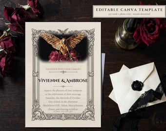 Editable Halloween Wedding Invitation Template, Moth & Roses (Canva Suite)