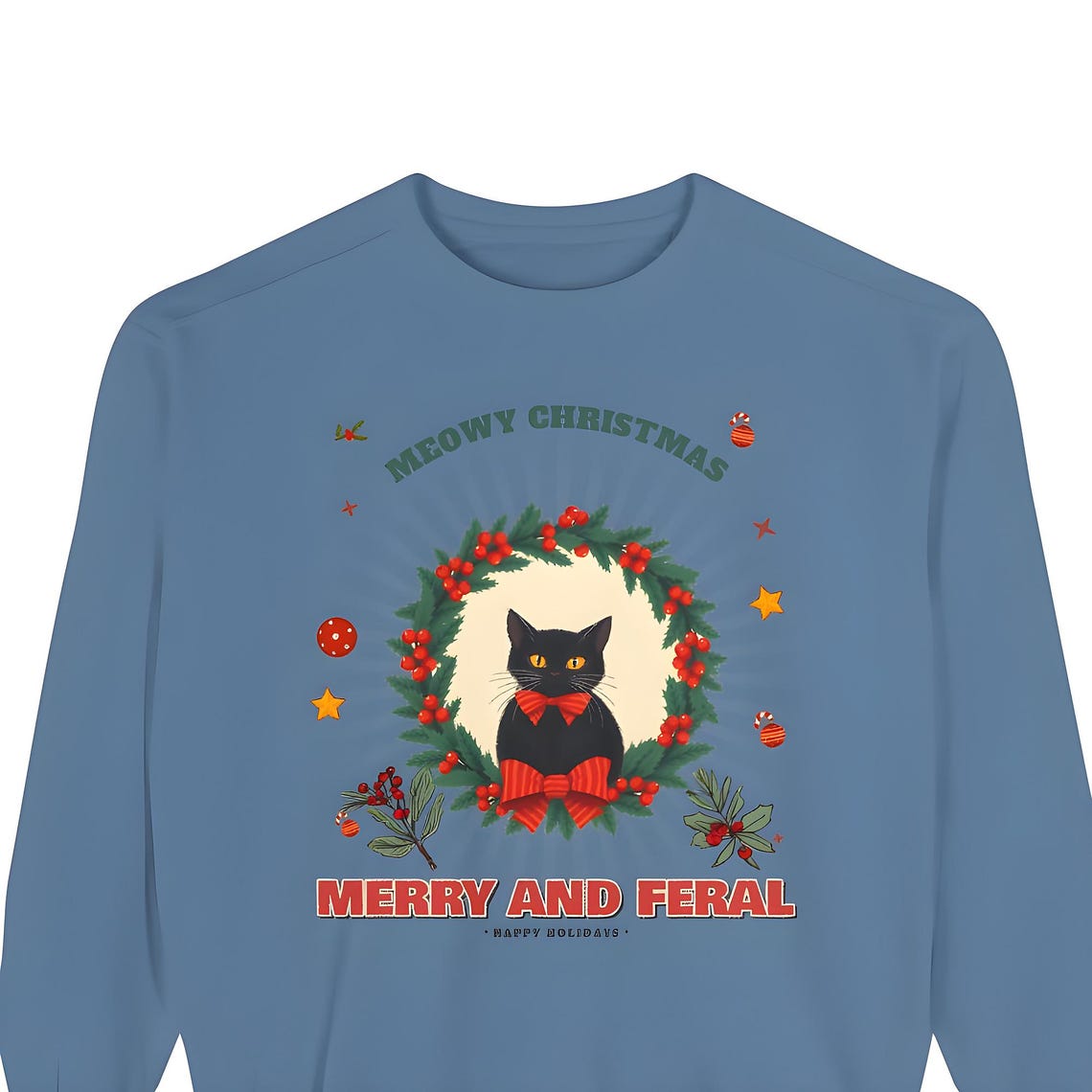Merry and Feral Black Cat Wreath Sweatshirt — Comfort Colors crewneck sweatshirt by WedgeAtelier