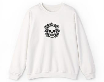 Embroidered Skull and Wildflowers Sweatshirt, Gothic Halloween Crewneck