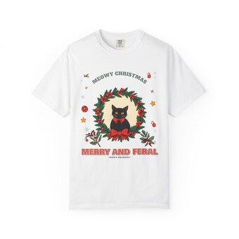Merry and Feral Black Cat Wreath Christmas Tee (Comfort Colors) photo 2
