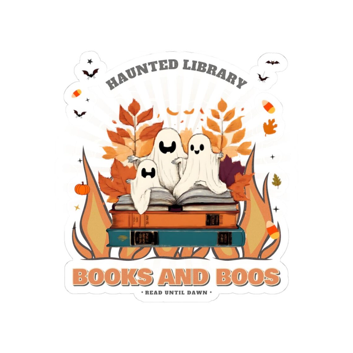 Books and Boos Halloween Sticker — kiss-cut vinyl sticker by WedgeAtelier