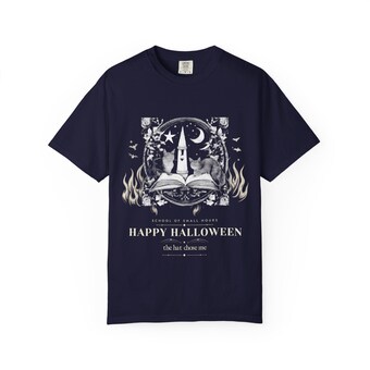 Happy Halloween Witch Hat Cat Engraved Tee photo 5