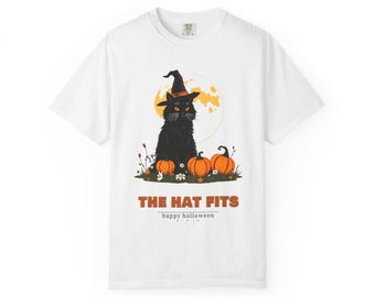 The Hat Fits Shirt, Black Cat Witch Hat Halloween Tee, Retro Cat Lover Comfort Colors T-Shirt, Fall Cat Mom Gift