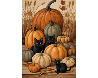 Pumpkin Wall Art, Folk Art Autumn Print, Harvest Still Life Poster, Black Cat Fall Decor, Farmhouse Kitchen Art, Unframed