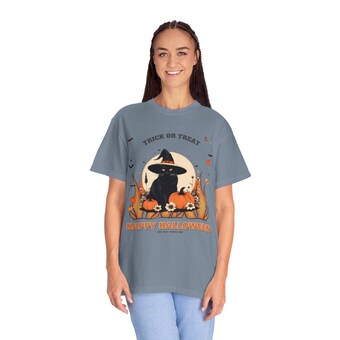 Black Cat Witch Hat Halloween Shirt photo 2