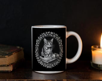 Vintage-Style Cat Dad Mug, Engraved Cat Portrait Coffee Cup (11oz Ceramic)