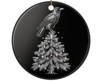 Gothic Raven Christmas Ornament, Quoth the Raven Noel, Poe Tree Decor, Double Sided Ceramic Ornament, Goth Book Lover Gift