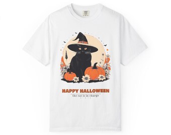 Witch Cat Shirt, Retro Halloween Comfort Colors Tee, Black Cat Pumpkin T-Shirt, Cat Lover Fall Gift