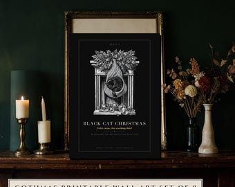 Gothmas Wall Art Set, Gothic Christmas Prints, Black Cat, Krampus, Raven (Digital Download)