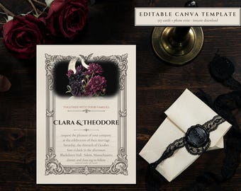 Dark Floral Wedding Invitation Template, Moody Roses, Moon, Editable Canva (Digital Download)