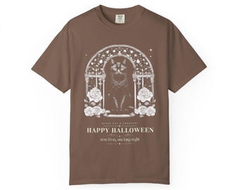 Happy Halloween Black Cat Shirt, Gothic Cat Engraving Tee, Witchy Halloween T-Shirt, Cat Lover Gift, Comfort Colors