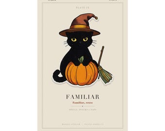 Retro Black Cat Witch Hat Pumpkin Halloween Art Print (70s Style)