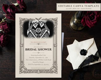 Gothic Skeleton Couple Bridal Shower Invitation Template (Editable Canva)