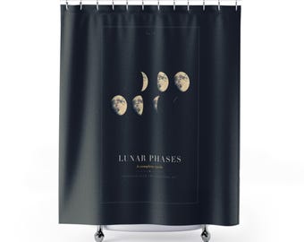 Moon Phase Shower Curtain, Gold Lunar Cycle on Navy, Celestial Witchy Bathroom Decor (71x74)