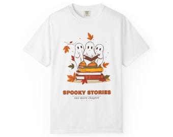 Spooky Stories Shirt, Ghost Book Lover Halloween Tee, Retro Reading Comfort Colors T-Shirt, Librarian Bookworm Gift