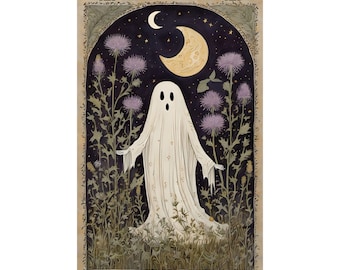 Ghost Wall Art, Folk Art Halloween Print, Night Garden Poster, Cute Spooky Decor, Moody Botanical Fall Art, Unframed