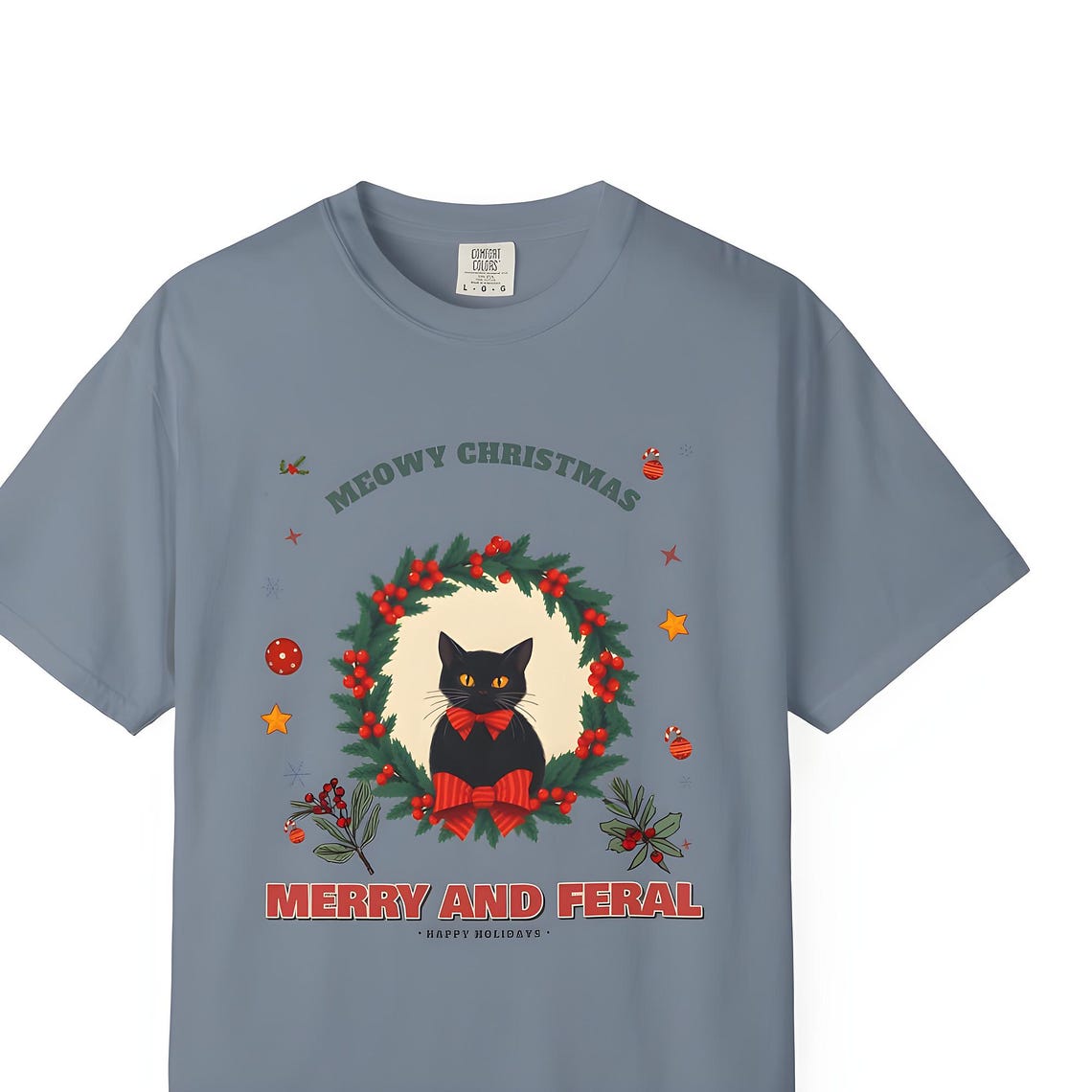 Merry and Feral Black Cat Wreath Christmas Tee (Comfort Colors) — Comfort Colors tee by WedgeAtelier