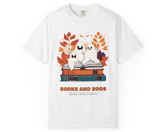 Books and Boos Shirt, Bookish Halloween Comfort Colors Tee, Reading Ghost Librarian T-Shirt, Book Lover Gift