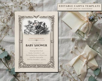 Book Themed Baby Shower Invitation Template, Editable Canva Invite (Digital Download)