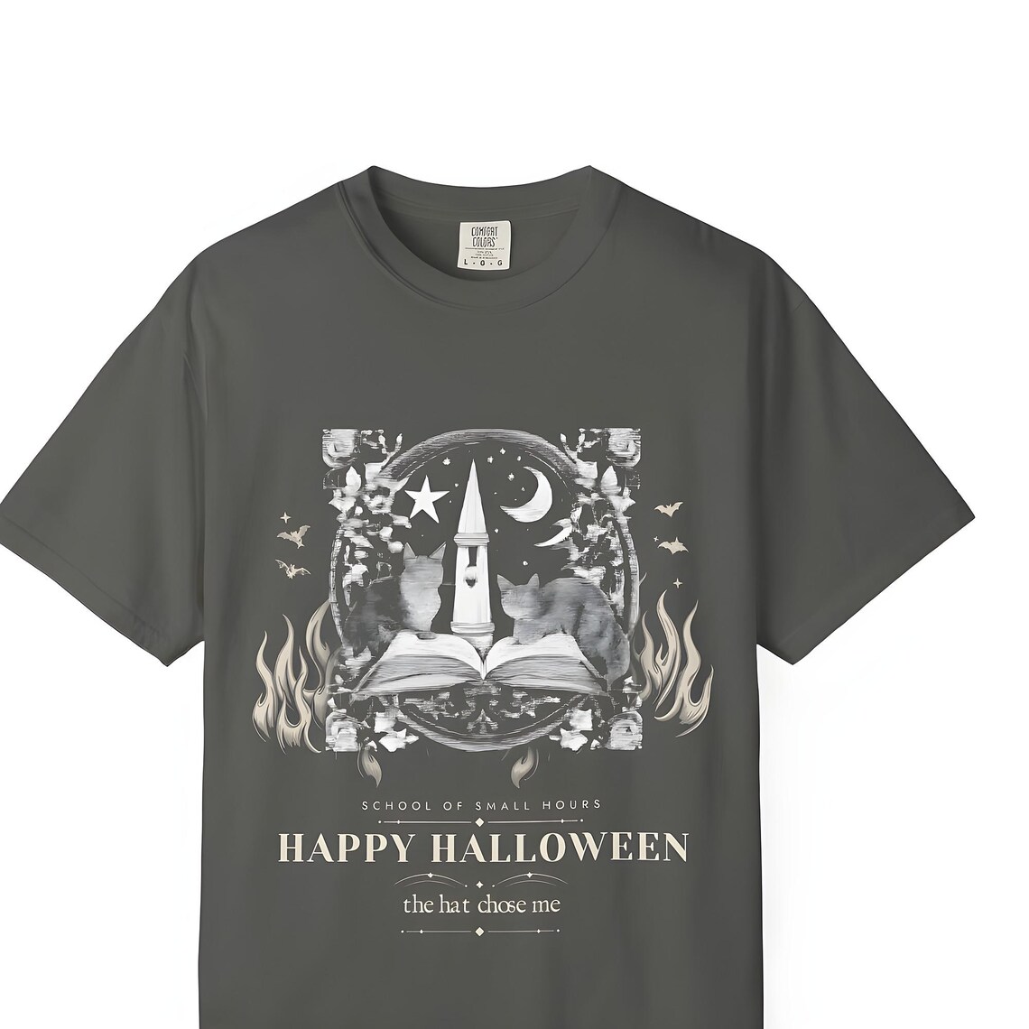Happy Halloween Witch Hat Cat Engraved Tee — Comfort Colors tee by WedgeAtelier