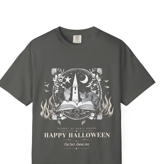 Happy Halloween Witch Hat Cat Engraved Tee — Comfort Colors tee by WedgeAtelier
