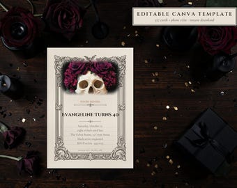 Editable Gothic Birthday Invitation Template, Skull and Roses, Adult Party (Digital Download)