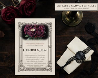 Gothic Wedding Invitation Template, Dark Plum Roses, Moth, Editable Canva (Digital Download)