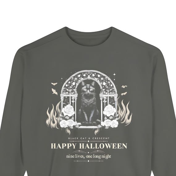 Gothic Black Cat Halloween Sweatshirt — Comfort Colors crewneck sweatshirt by WedgeAtelier