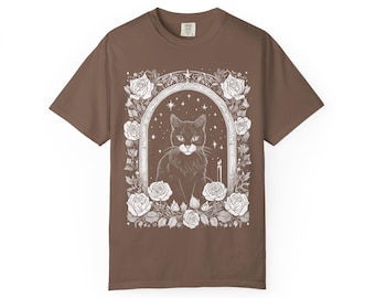 Black Cat Tarot Shirt, Gothic Cat Engraving Tee, Witchy Halloween T-Shirt, Cat Lover Occult Gift, Comfort Colors