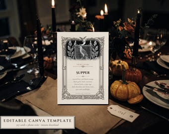 Gothic Dinner Party Canva Template, Editable Menu, Welcome Sign, Toast Card (Digital Download)