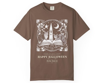 Happy Halloween Witch Hat Shirt, Spellbook Cat Engraving Tee, Witchy Halloween T-Shirt, Book Lover Gift, Comfort Colors